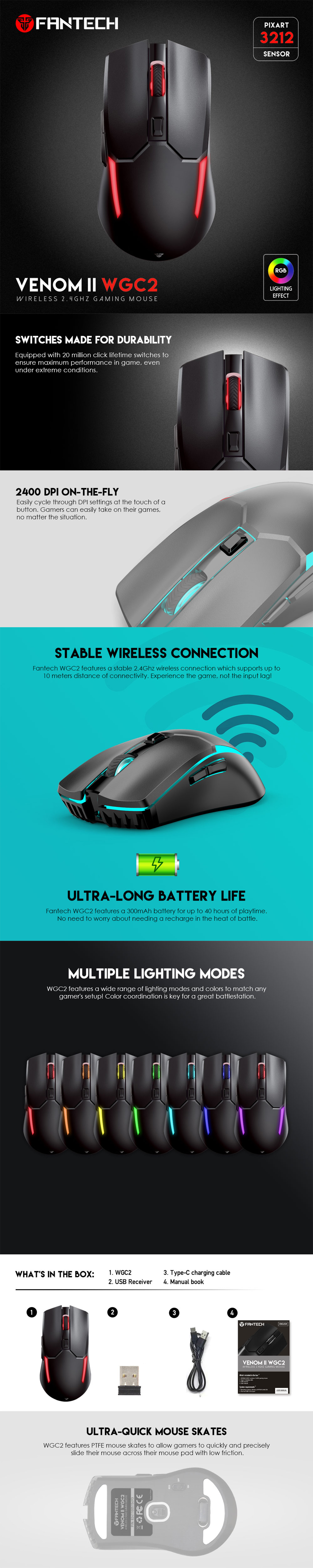 A large marketing image providing additional information about the product Fantech VENOM II WGC2 Wireless Gaming Mouse - Black - Additional alt info not provided